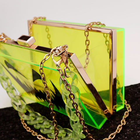 Neon Yellow Color Snake Pattern Acrylic Clutch Bag With Gold Chain  Decoration, Single Shoulder Crossbody Bag | SHEIN USA